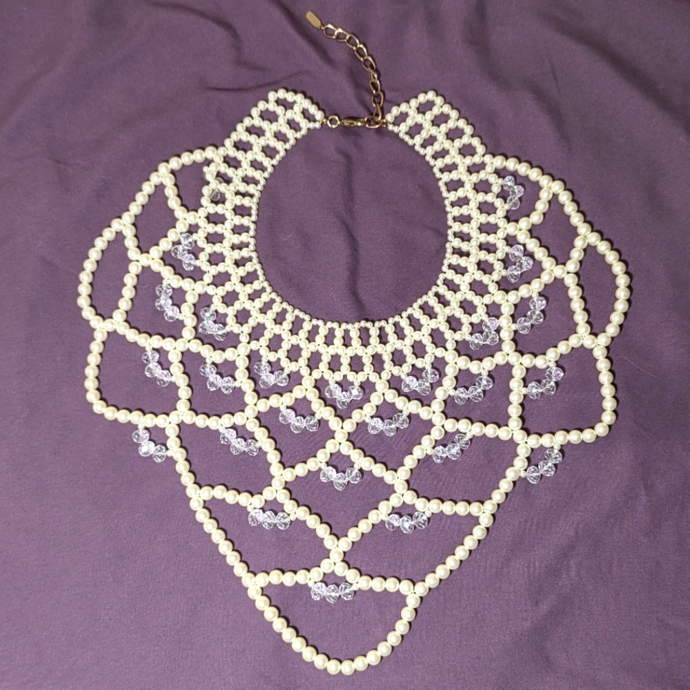 Faux Pearl & Crystal Beaded Weave Bib Necklace